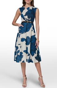 Donna Karan New York Belted Floral Linen Blend Fit & Flare Dress