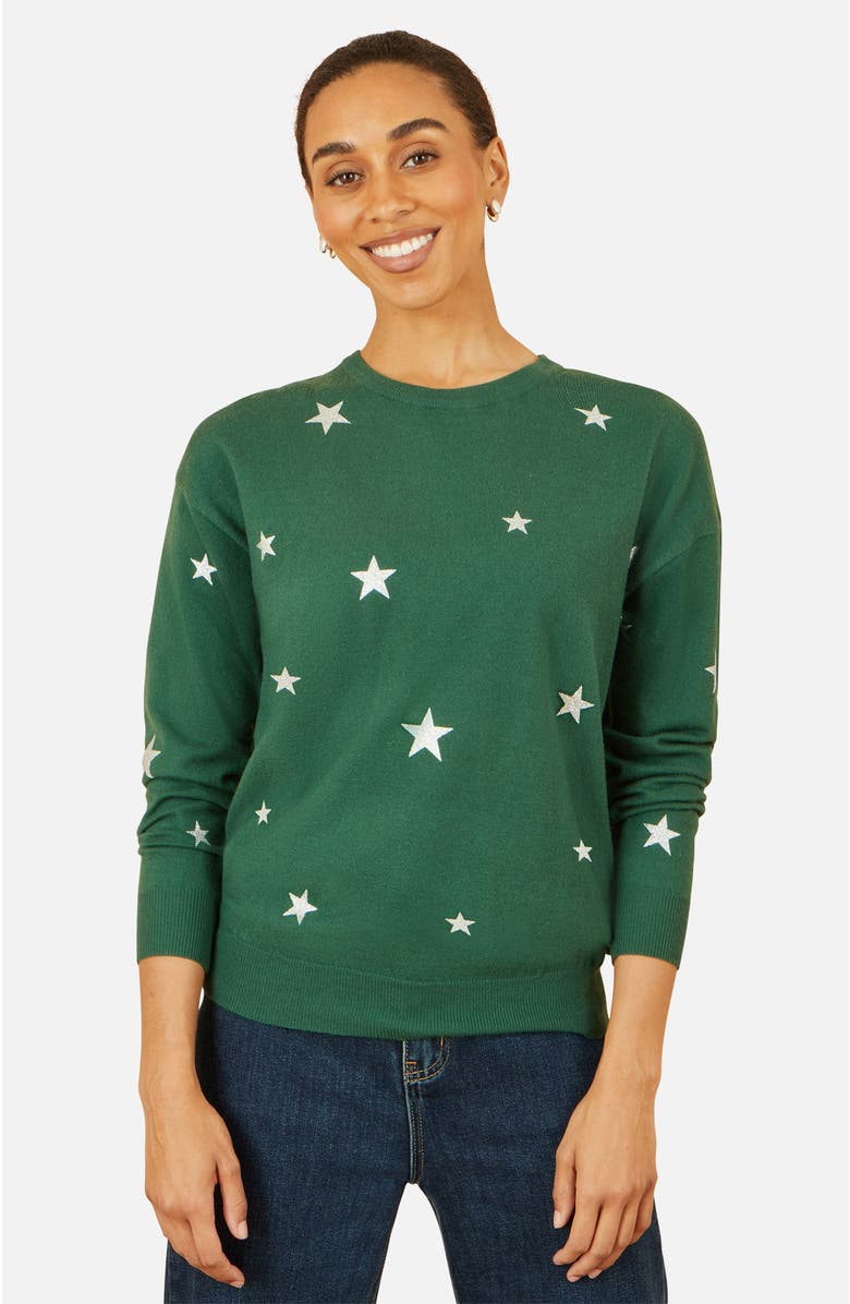Yumi Foil Star Print Relaxed Fit Sweater, Main, color, Green