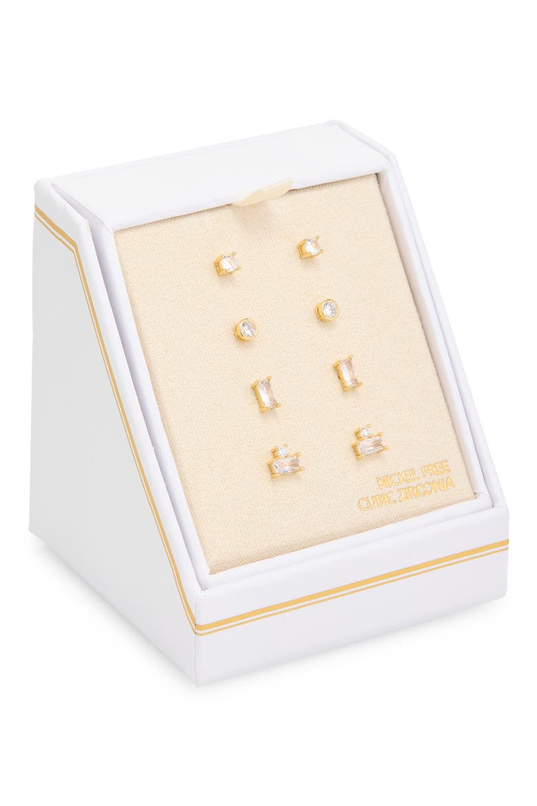 Set of 4 Cubic Zirconia Stud Earrings, Main, color, CLEAR- GOLD