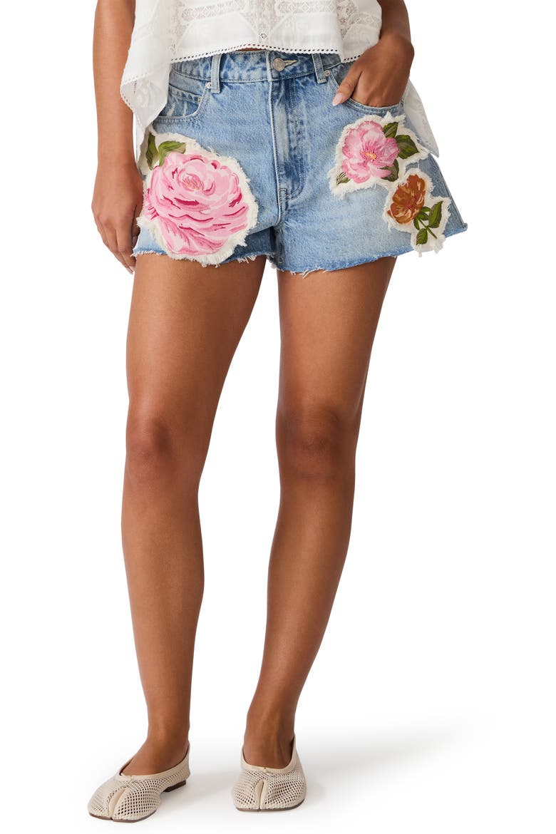 Lilien Floral Patch Denim Cutoff Shorts, Main, color, VINTAGE BLUE