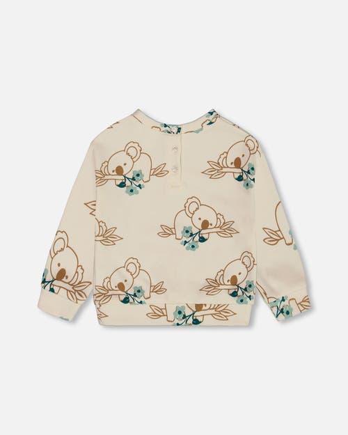 Deux Par Deux Girl's Printed French Terry Sweatshirt Off-white And Koala In Off-white And Koala