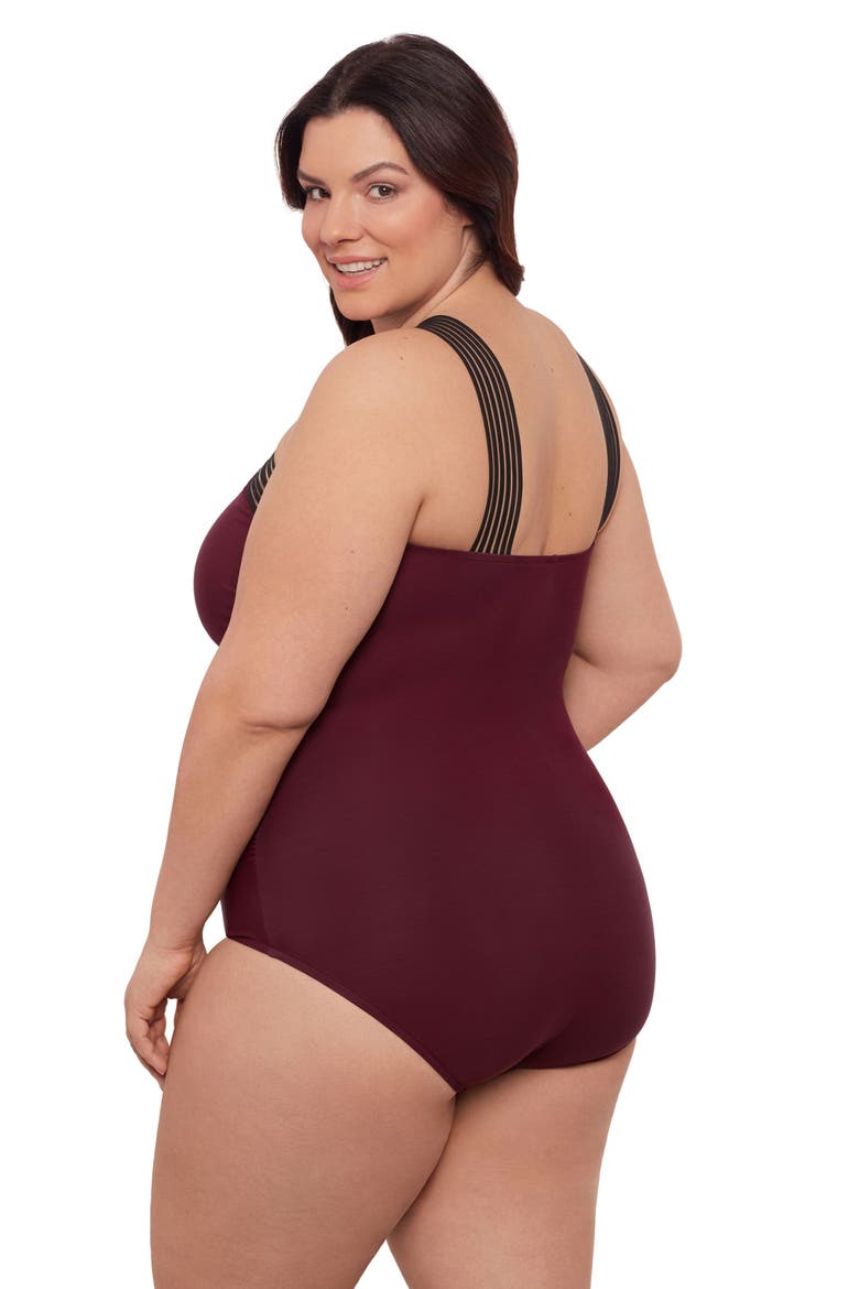 Plus Size Novelty Trim High Criss Cross Neck Full Coverage One-Piece Swimsuit, Alternate, color, Currant