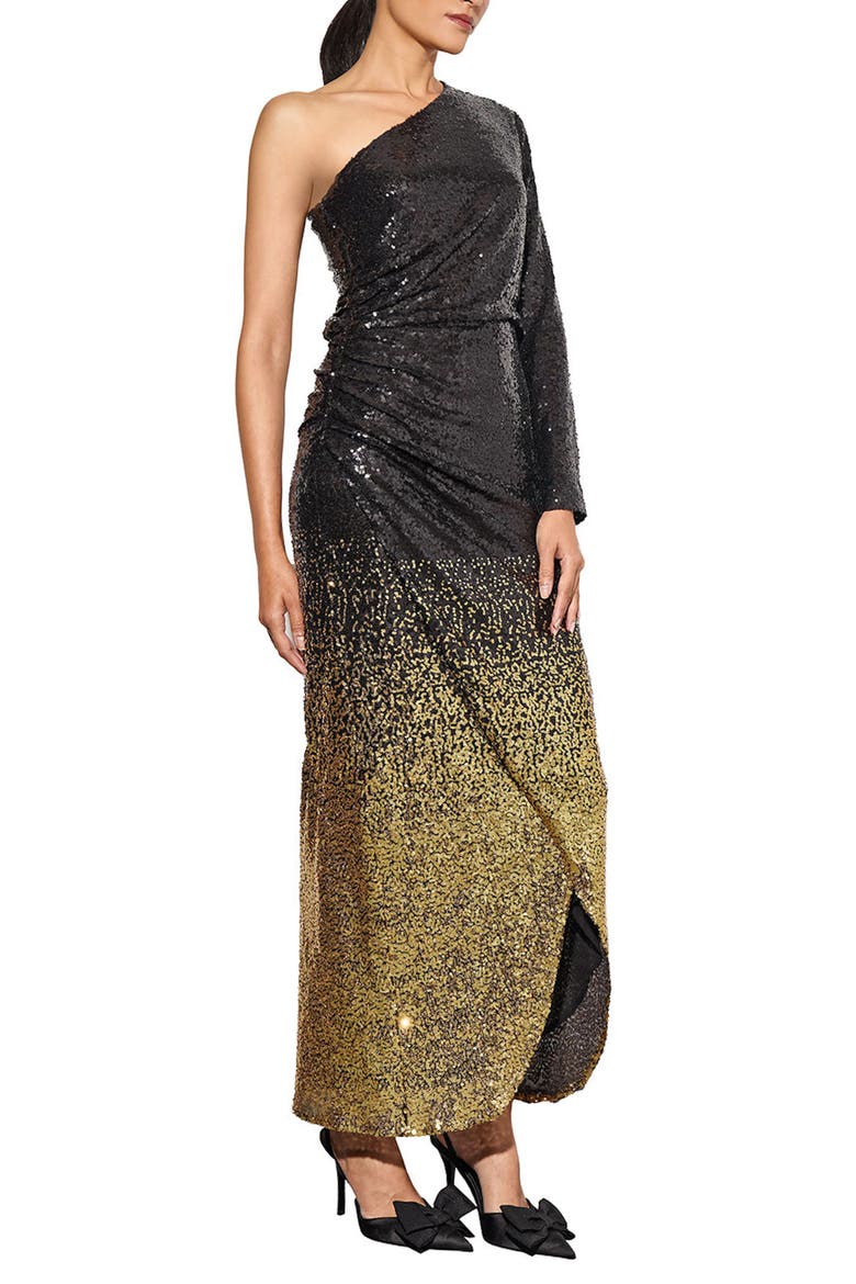 Ombré Sequin One-Shoulder Gown, Alternate, color, BLACK/GOLD