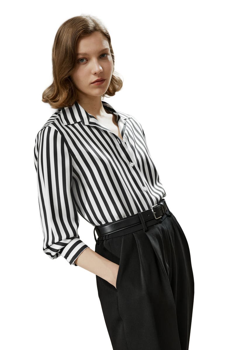 Lilysilk The Amalfi Stripe Silk Shirt, Alternate, color, Black-White Pinstripes