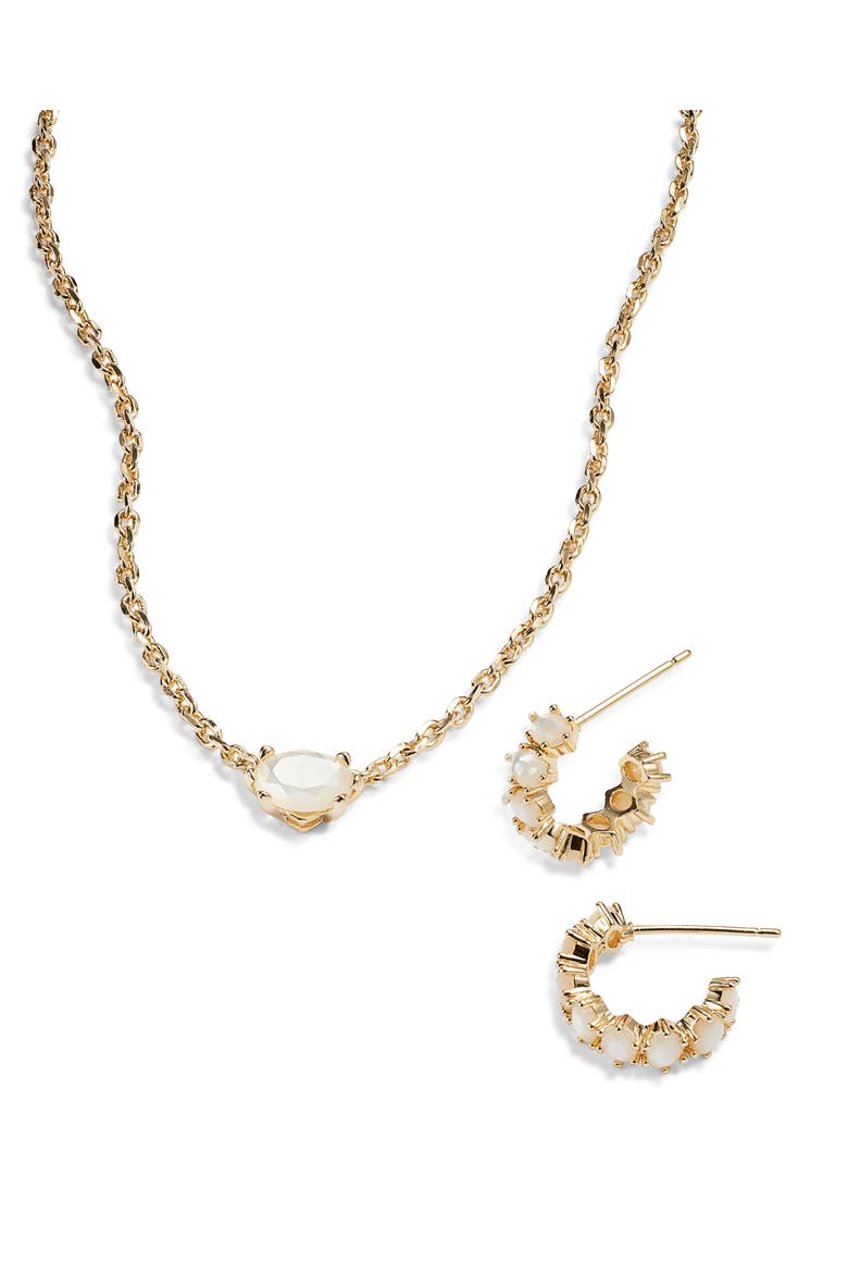 Cailin Cubic Zirconia Huggie Hoop Earrings & Pendant Necklace Gift Set, Alternate, color, GOLD IVORY MOTHER OF PEARL