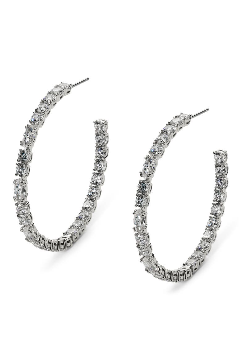 Twinnie Cubic Zirconia C-Hoop Earrings, Main, color, RHODIUM