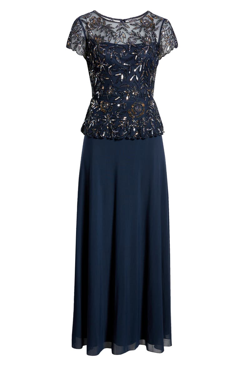 Beaded Mesh Mock Two-Piece Gown, Alternate, color, JBS NAVY
