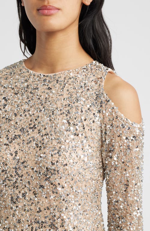 Pisarro Nights Beaded Cold Shoulder Cocktail Dress In Blush