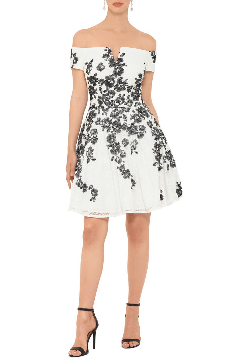 Xscape Evenings Xscape Embroidered Off the Shoulder Fit & Flare Dress, Main, color, 