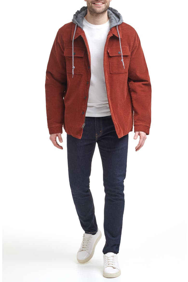 Levi's® Faux Shearling Lined Hooded Corduroy Shirt Jacket, Alternate, color, RUST