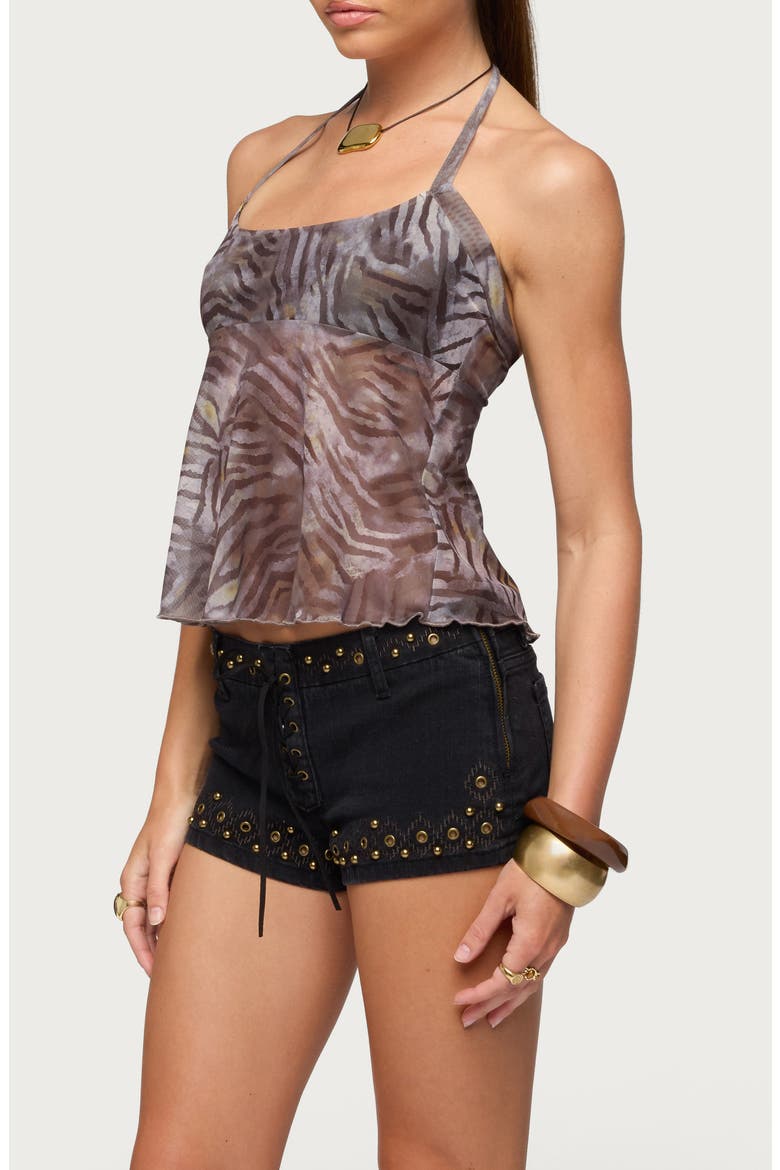 Tiger Print Mesh Halter Top, Alternate, color, BROWN