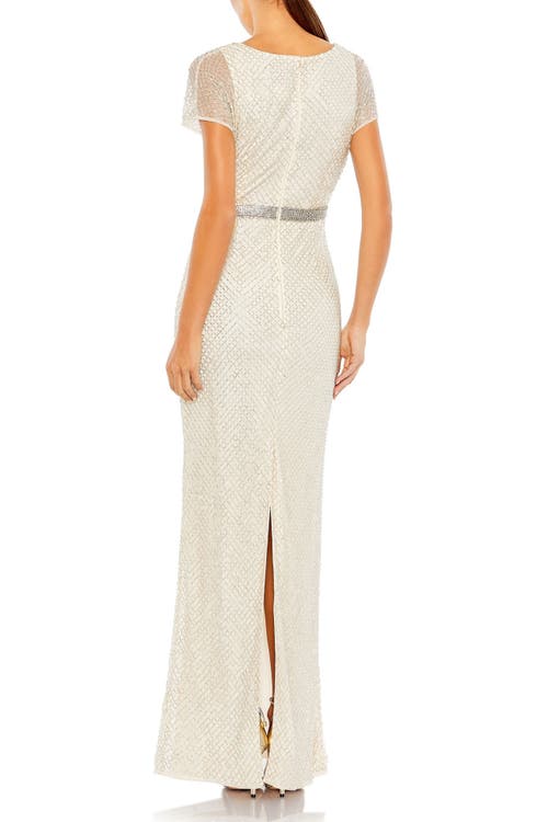 Mac Duggal Beaded Butterfly Sleeve Column Gown In Nude Silver