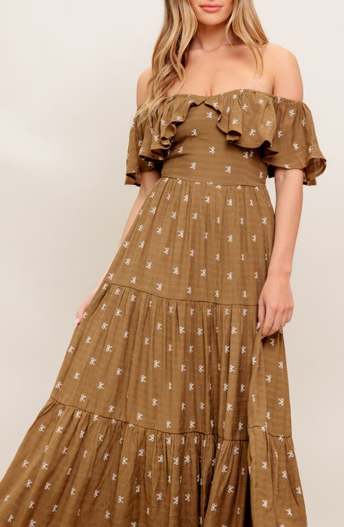 Flying Tomato Embroidered Bow Off-the-shoulder Midi Dress In Brown