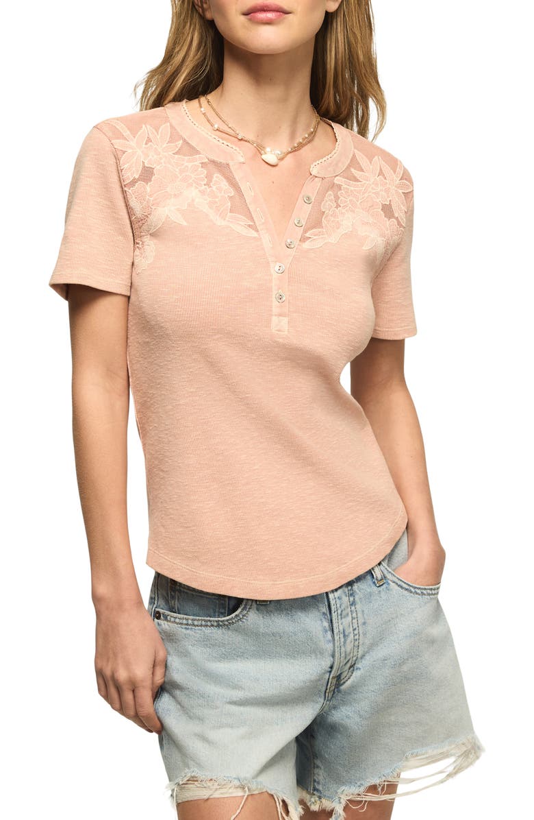 Lucky Brand Cutwork Henley Top, Main, color, Sepia Rose