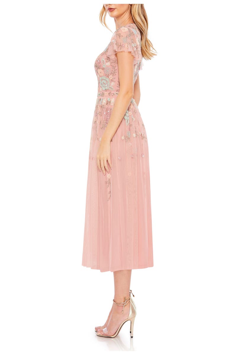 Mac Duggal Embellished Illusion High Neck Butterfly Sleeve Midi Dress, Alternate, color, Dusty Rose