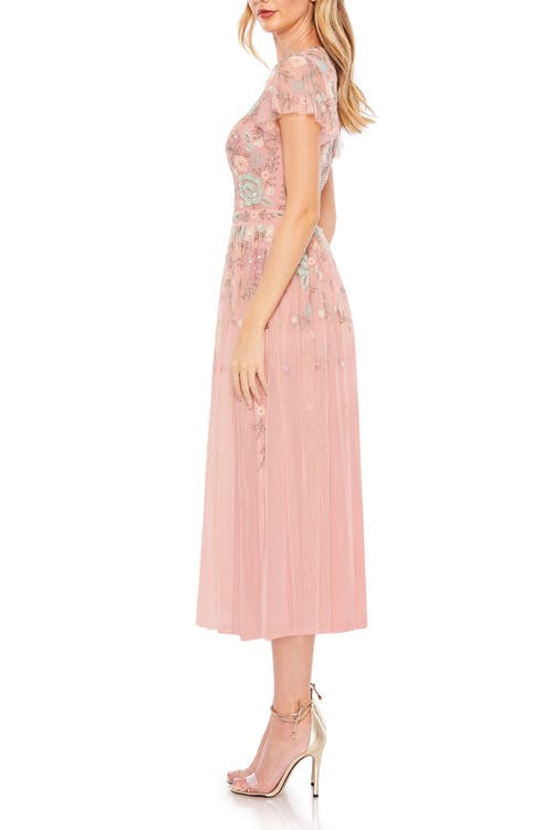 Mac Duggal Embellished Illusion High Neck Butterfly Sleeve Midi Dress In Dusty Rose