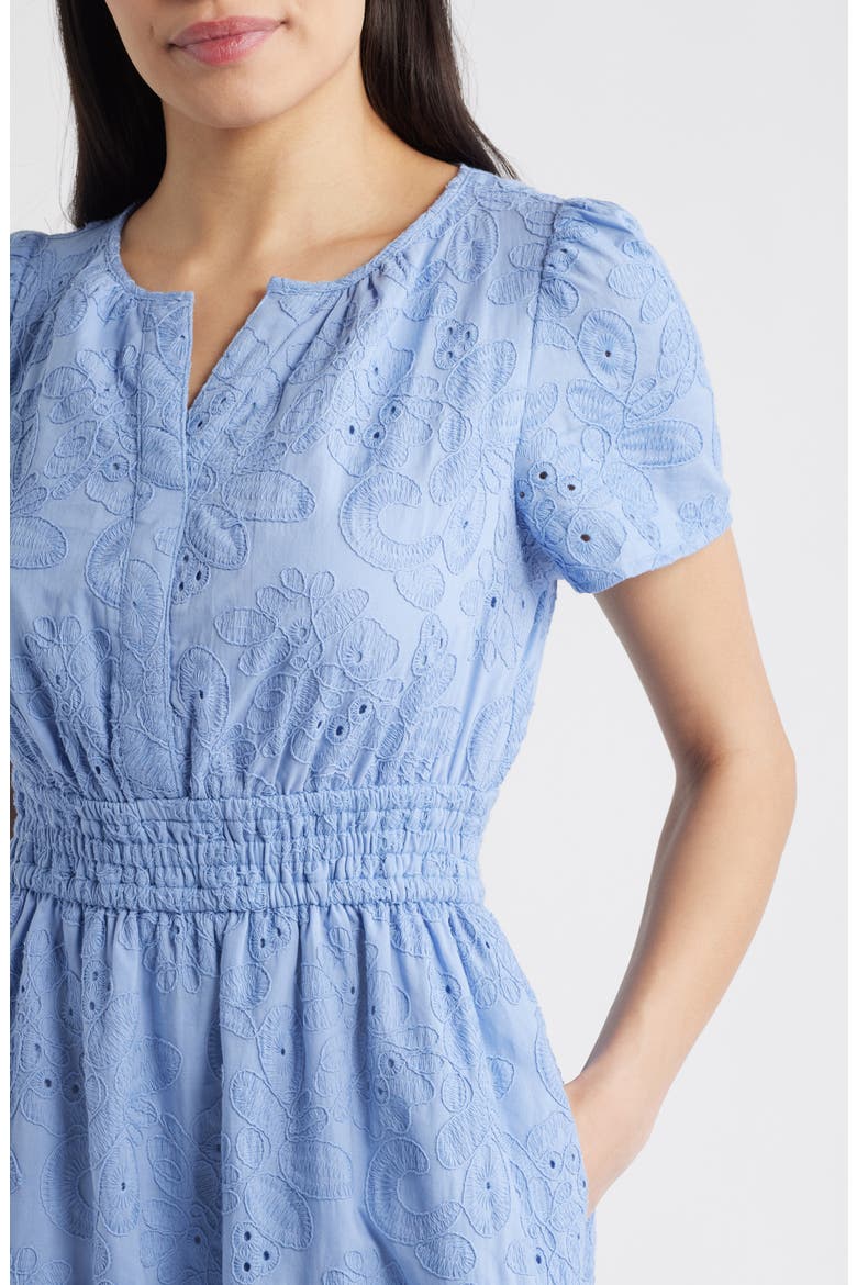 Embroidered Short Sleeve Cotton Midi Dress, Alternate, color, SURF BLUE