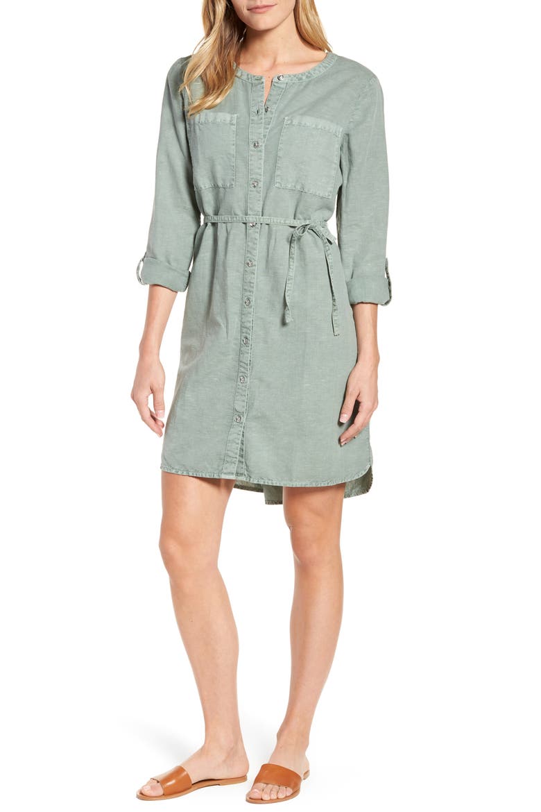 Linen Cotton Shirtdress, Main, color, GREEN LILYPAD