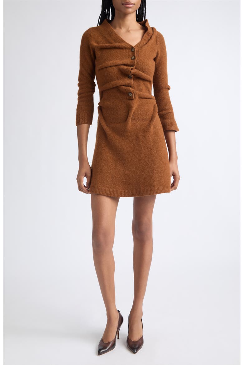 M-Anita Asymmetric Button Ribbed Wool Blend Dress, Main, color, BROWN