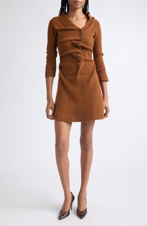 M-Anita Asymmetric Button Ribbed Wool Blend Dress
