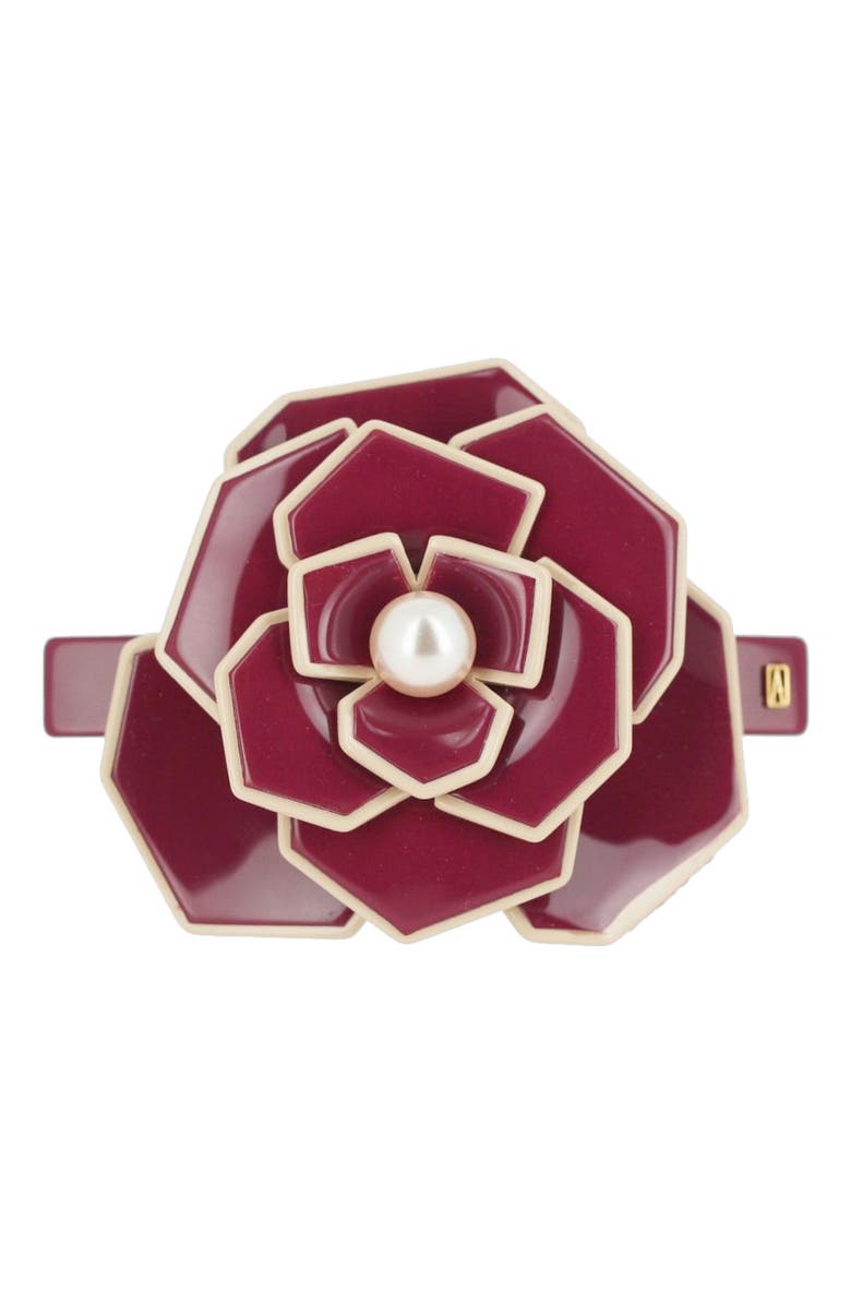 Alexandre de Paris Art deco camelia flower hair acetate barette, Main, color, Burgundy