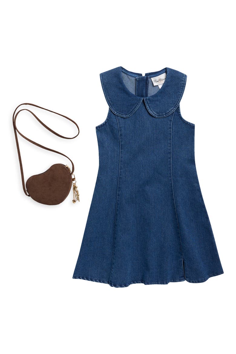 Kids' Peter Pan Collar Denim Dress & Crossbody Bag Set, Main, color, BLUE
