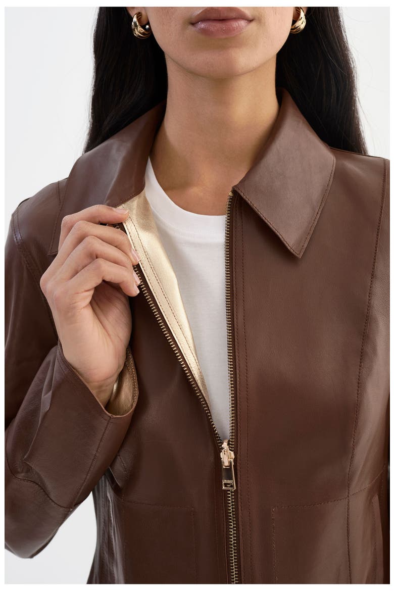 Clarie | Reversible Leather Jacket, Alternate, color, Mid Brown/Gold