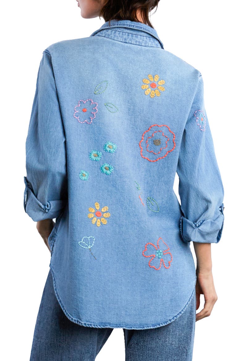 Happy Meadow Embroidered Denim Graphic Button-Up Shirt, Alternate, color, DENIM