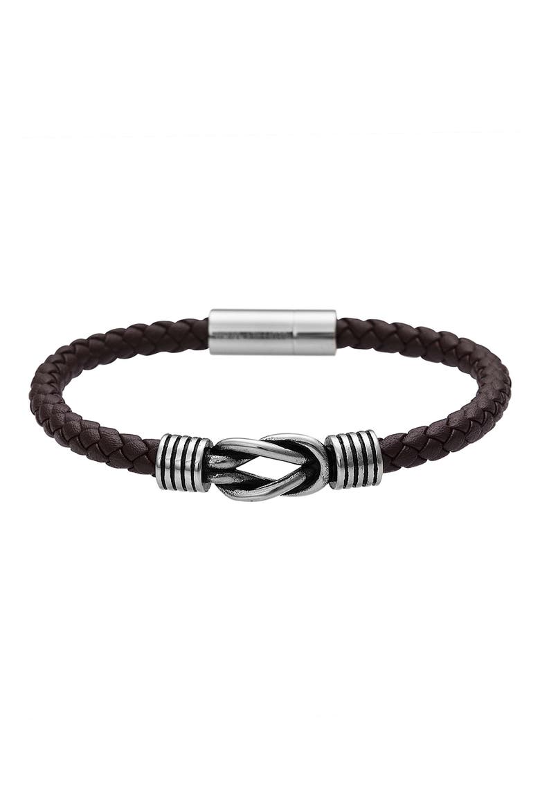 Men's Stainless Steel Knot Leather Bracelet, Main, color, BROWN