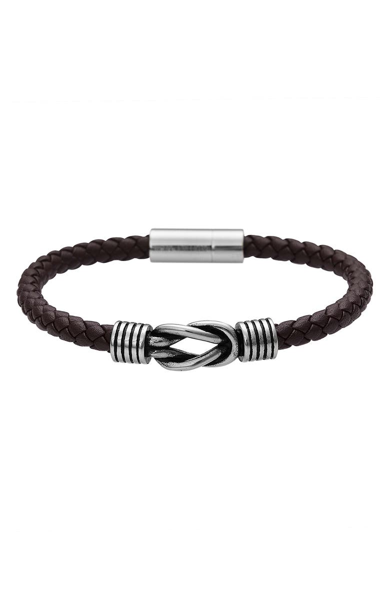 GEOFFREY BEENE Men's Stainless Steel Knot Leather Bracelet, Main, color, Brown