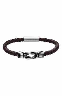 GEOFFREY BEENE Men's Stainless Steel Knot Leather Bracelet