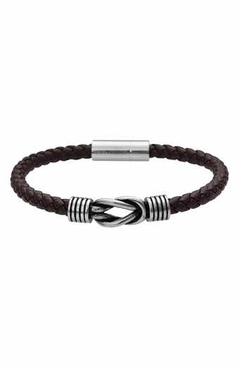 GEOFFREY BEENE Men's Stainless Steel Knot Leather Bracelet