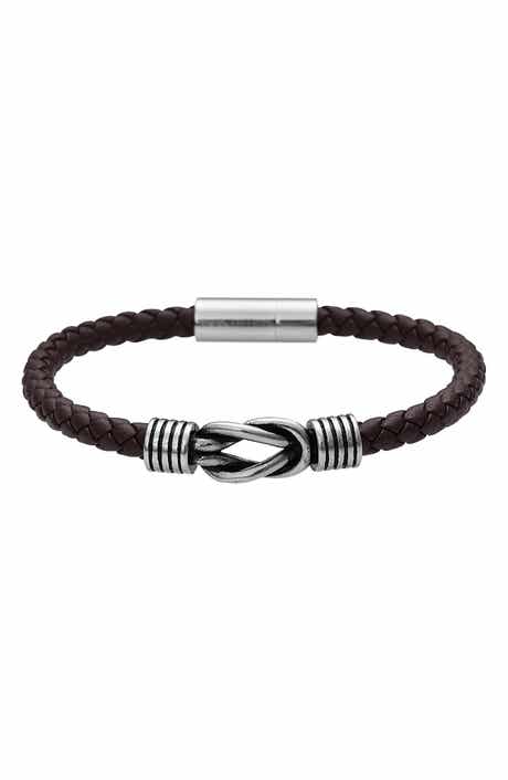 GEOFFREY BEENE Men's Stainless Steel Knot Leather Bracelet