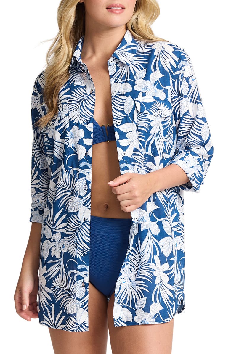 Tommy Bahama Blooms Boyfriend Cover-Up Shirt, Main, color, 