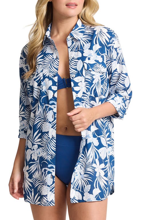 Tommy Bahama Blooms Boyfriend Shirt In Indigo Tide