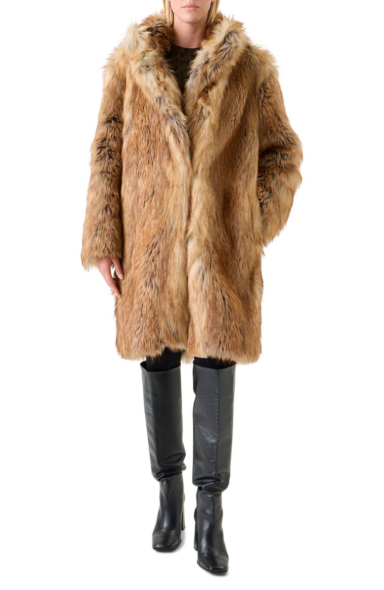 Akris punto Stand Collar Faux Fur Coat, Main, color, Camel-Multicolor