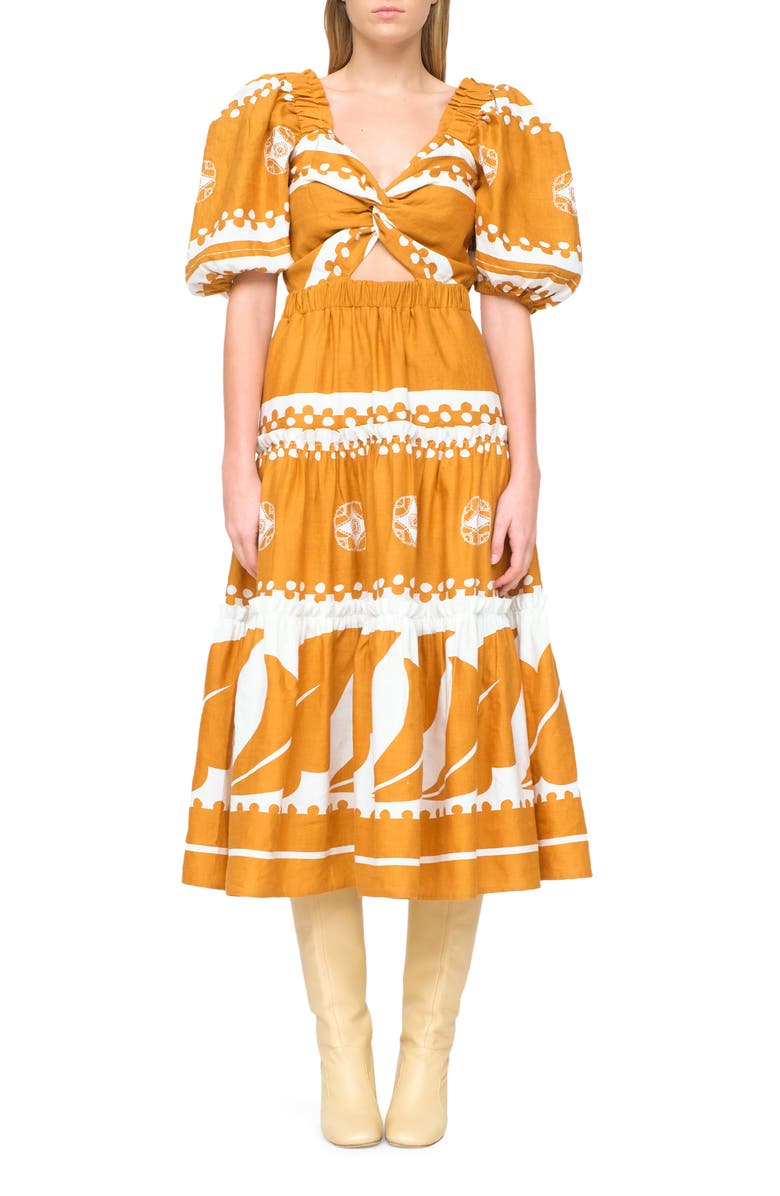 Sea Liora Puff Sleeve Cutout Linen & Cotton Dress, Alternate, color, Mustard