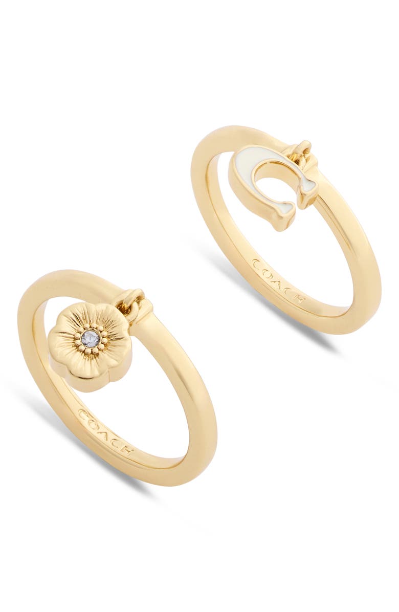 COACH Set of 2 Tea Rose & Enamel C Charm Rings, Alternate, color, White/ Gold