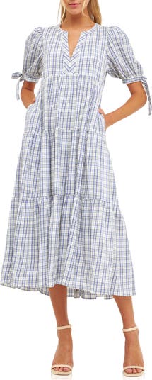 English Factory - Gingham Tiered Dress with Bow-Tie Sleeves Cream Multi / S