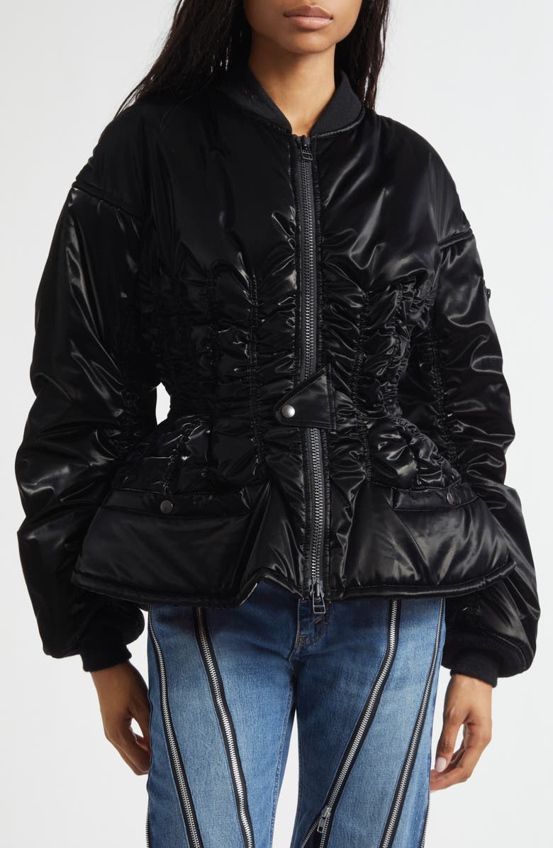 Junya Watanabe Ruched Bomber Puffer Jacket, Alternate, color, Black