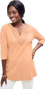 Jessica London Stretch Cotton Crochet Notch Neck Tunic