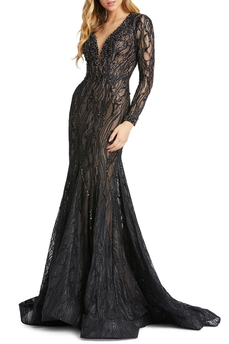 Long Sleeve Lace Beaded Mermaid Gown, Main, color, BLACK NUDE