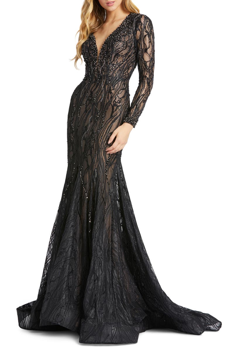 Mac Duggal Long Sleeve Lace Beaded Mermaid Gown, Main, color, 
