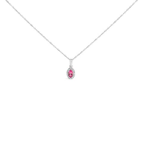 10K White Gold 5x3mm Gemstone and Diamond Accent Halo Oval Shape 18" Pendant Necklace