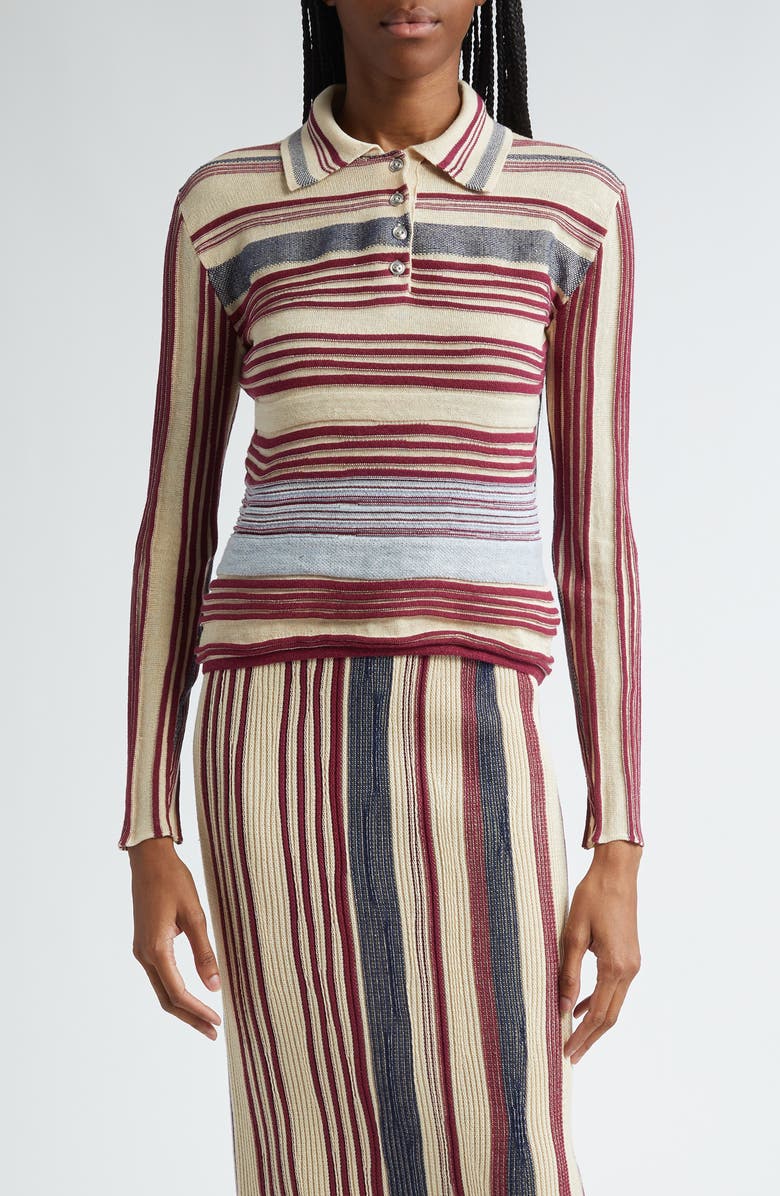 Bottega Veneta Mixed Stripe Linen Blend Polo Sweater, Main, color, 