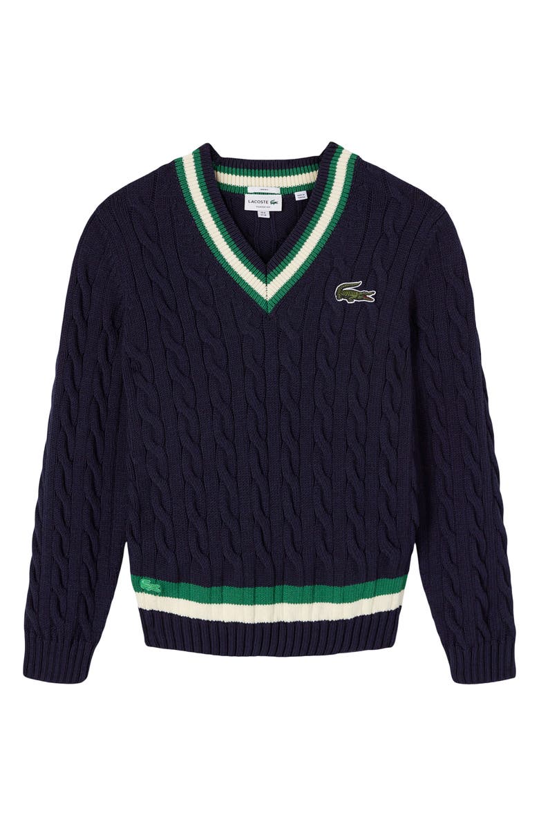 Lacoste Cable Knit Wool Blend Tennis Sweater, Alternate, color, Uj7 Navy Blue/ Rocket-White