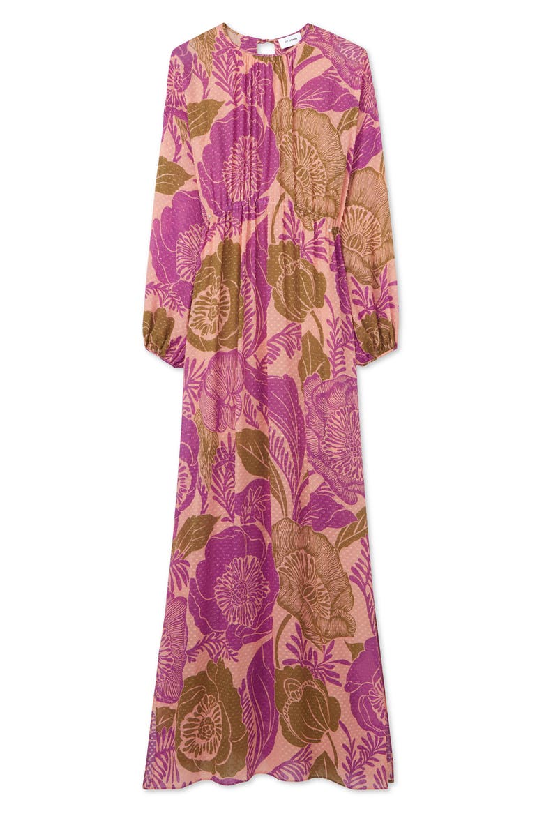 California Poppy Long Sleeve Metallic Fil Coupé Maxi Dress, Alternate, color, BRIGHT CORAL MULTI