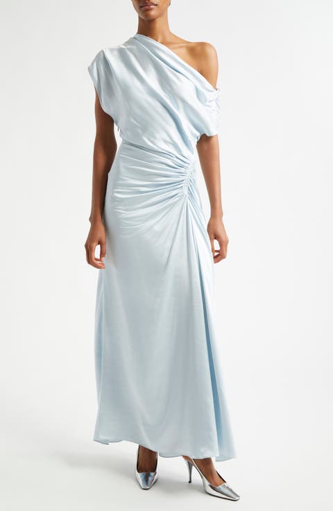 Penny Ruched One-Shoulder Satin Gown