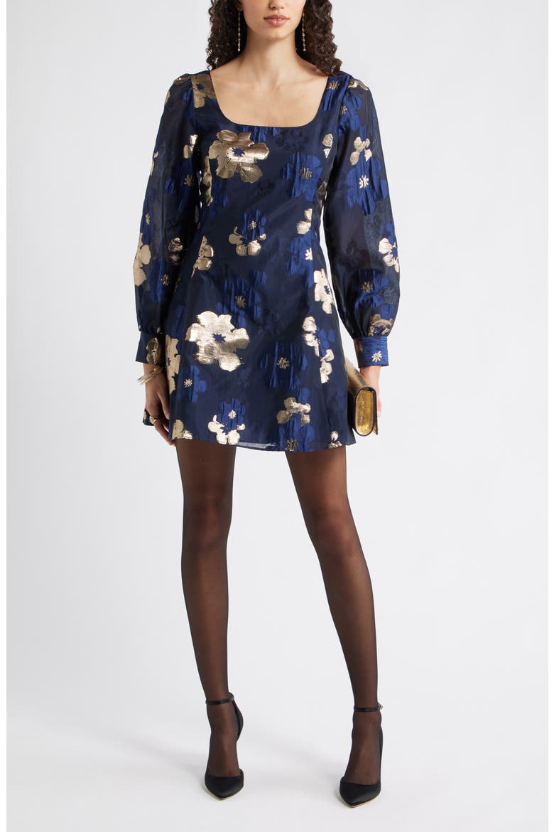 Metallic Floral Jacquard Minidress, Main, color, NAVY MULTI LUREX