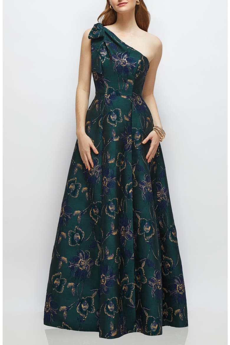 One-Shoulder Metallic Jacquard Trumpet Gown, Main, color, EVERGREEN FLORAL